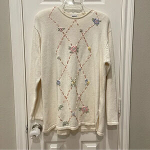 Vintage Embroidered Floral Pink Lace Pullover Chunky Knit Cottagecore Sweater XL